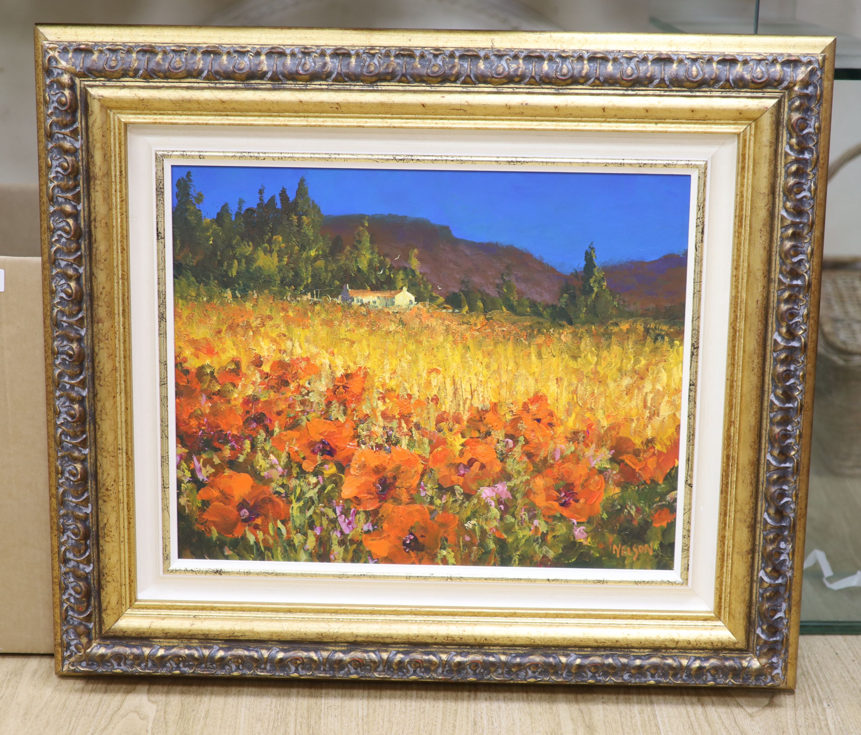 Allan Nelson, acrylic on board, 'Poppy Scene', signed, with COA, 40 x 50cm